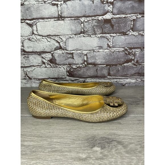 Tory Burch Straw Reva Gold Leather Logo Ballet Flats Women’s Sz 7.5M US/38EU - Picture 15 of 16